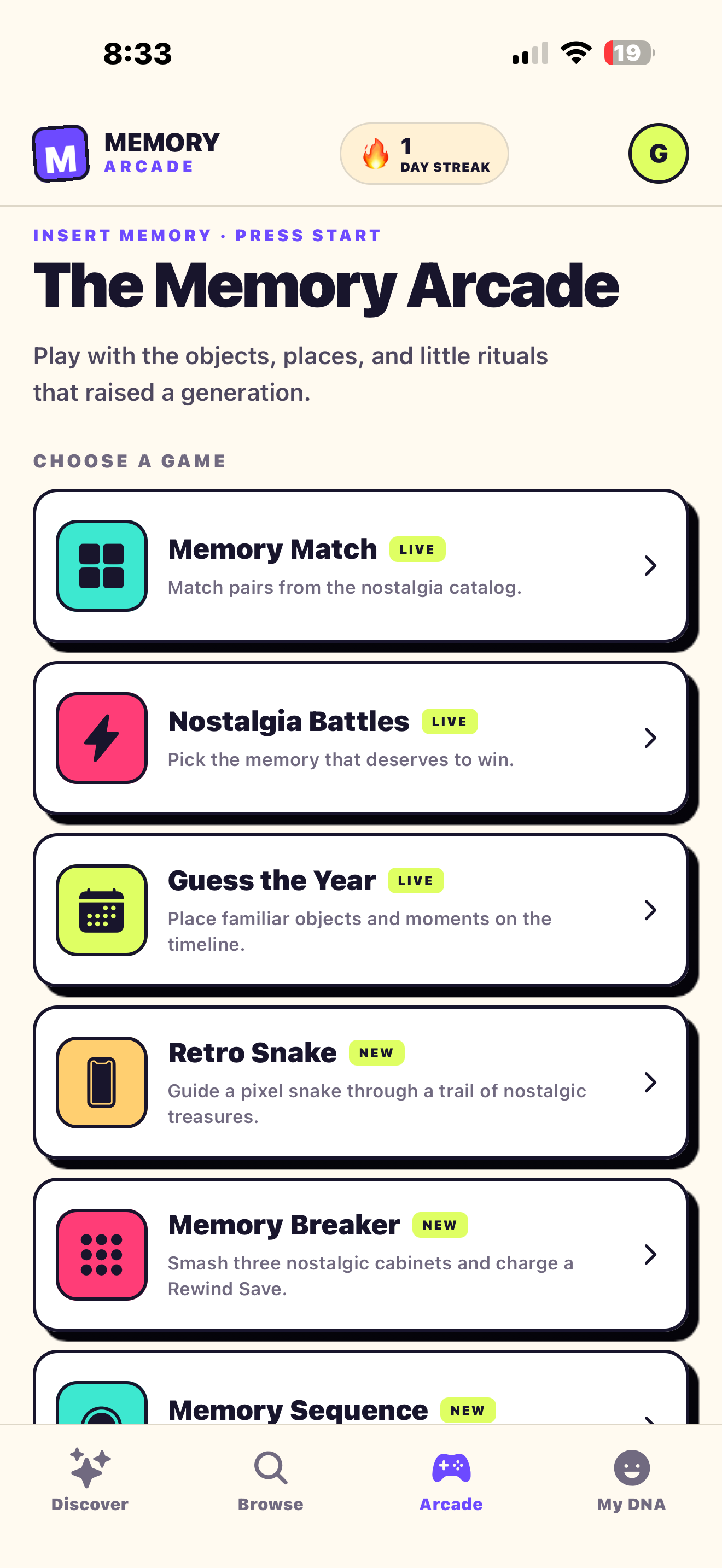 Memory Arcade game selection screen