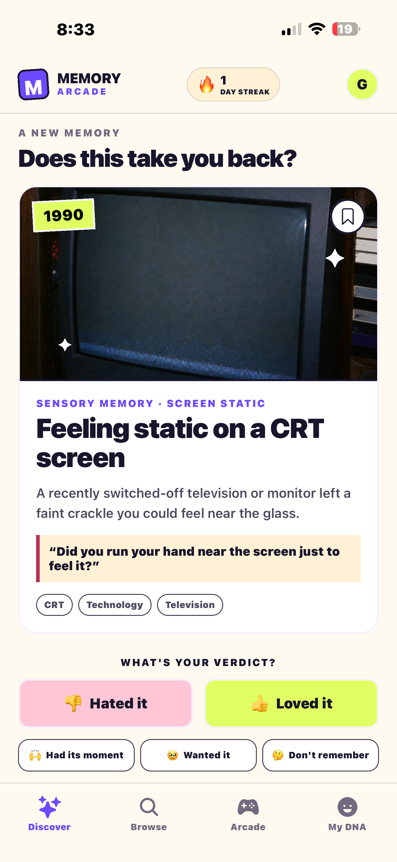 Memory Arcade Discover screen