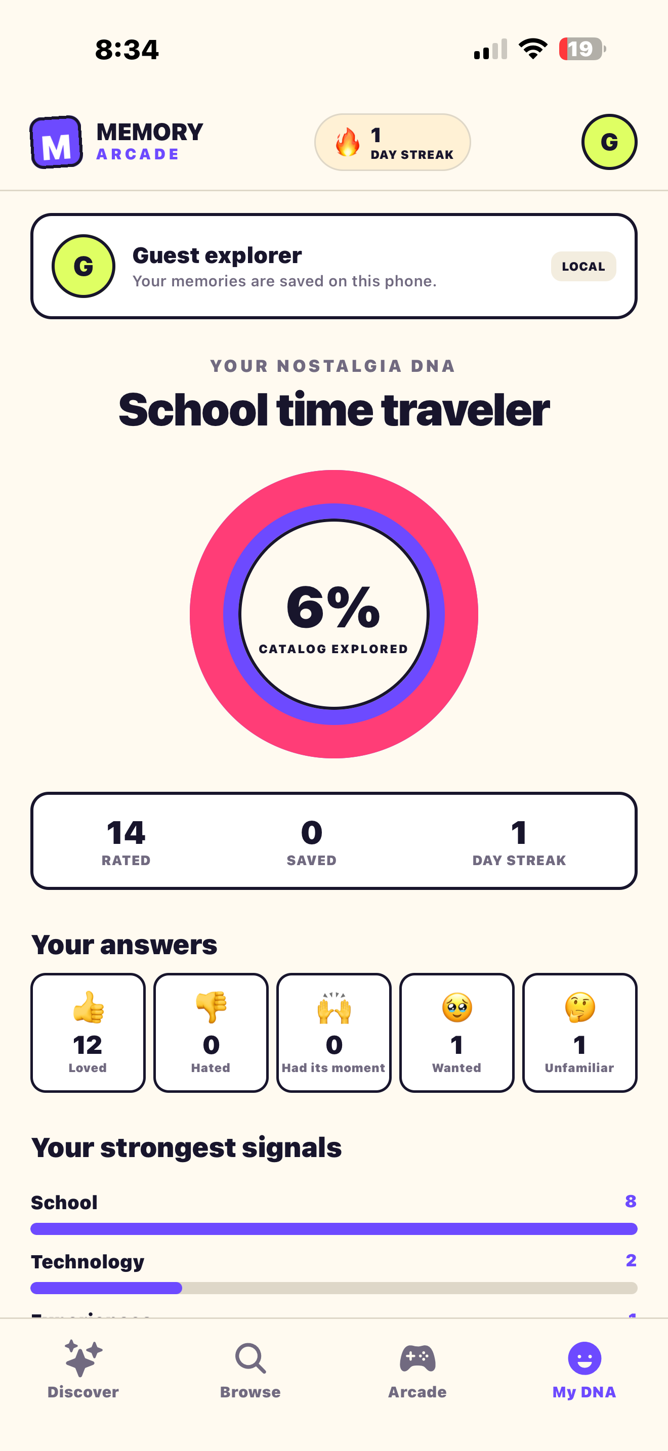 Nostalgia DNA profile in Memory Arcade